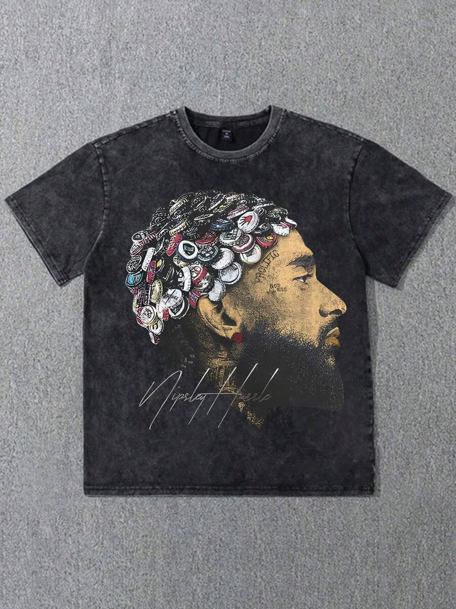 Fun Hip-Hop Fashion Street High Street Y2K Big Head Portrait Beer Cap Element Print 230g Washed Cotton T-Shirt, Men's Summer High-Quality Printed Washed Cotton Retro Fashion Brand Loose Casual Black T-Shirt, Suitable For Outdoor Wear In Summer, With A Certain Thickness, Daily Wear And Friend Gifts, Back To School Gifts, Children's Gifts