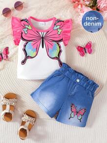 2 件套蝴蝶图案印花盖袖圆领上衣 + 数码印花蝴蝶针织短裤可爱简约套装（非牛仔布） - 白色 - 查看 1