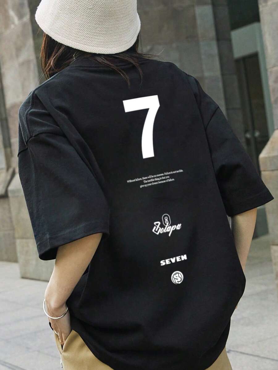 女款寬鬆圓領短袖T恤,休閒數字英文印花,春夏季 - 黑色 - 查看 1