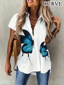 Plus Women's Butterfly Print Short Sleeved Front Button Shirt - White - View 1