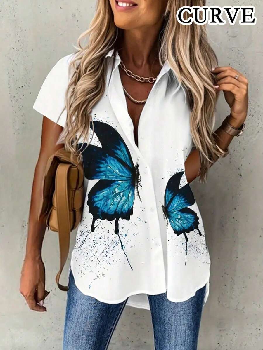 Plus Women's Butterfly Print Short Sleeved Front Button Shirt - White - View 1