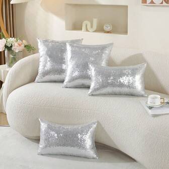 1pc Luxury Series Silver Sequin Decor & Satin Solid Color Throw Pillow Case, Suitable For Wedding/Christmas/Thanksgiving/Party/New Year Decoration