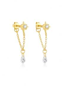 1 pièce Boucle d'oreille étoile et lune à pompons superposés pour femmes | Bijou hypoallergénique en argent sterling 925 | Boucle d'oreille clou de style de luxe, légère pour un port quotidien, soirée, mariage | Cadeau de Ramadan