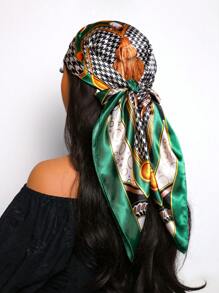 1pc Women's Elegant Simple Houndstooth Print 90cm Satin Square Scarf, Suitable For Casual Wear And Street Styling As Scarf, Headband Or Headwrap