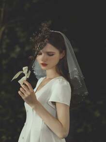 1 件双层珍珠弧形侧蝴蝶结珍珠花发夹，可爱简约风格，适合婚礼拍照、单身派对、新娘面纱