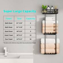 HapiRm Towel Rack Bathroom Storage - 3 Tier Over The Door Towel Rack With Metal Shelf Basket And 6 Hooks Wall Mount Towel Holder Rolled Towel Organizer For Small Bathroom Black