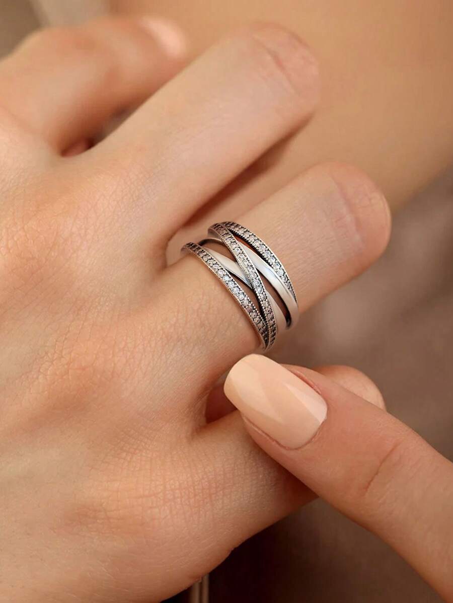 1 Chiếc Nhẫn Mặt Rộng Đan Lẫn Bạc Sterling S925 8mm Đơn Giản Cho Nữ Trang Sức Quà Tặng Phụ Kiện Thời Trang Cho Nữ - Bạc - Xem 1