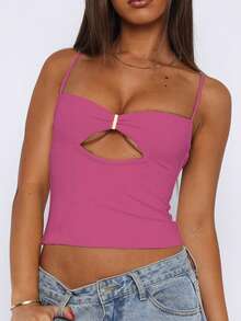Women Solid Color Hollow Ruffle Fitted Sexy Camisole Top, Music Festival Y2K Style - Hot Pink - View 4