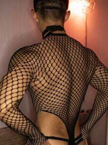Men's Sexy Fishnet Hollow Lace See-Through Tempting Nightclub Bodysuit