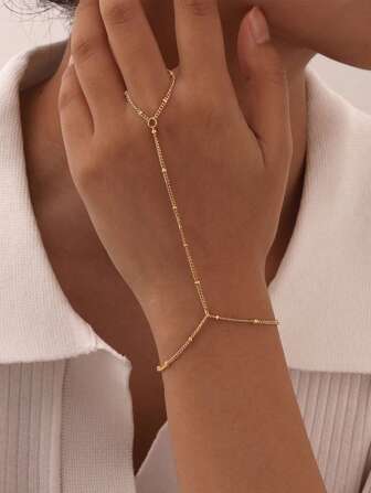 1pc Minimalist Fashion Metal Beads Chain Link Finger Ring Bracelet (Handmade Chain Cut To Appropriate Size, Random Bead Quantity)