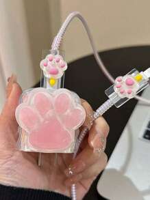 5个可爱粉色猫爪充电器外壳，兼容Apple 18 / 20W快速充电器和数据线，日韩风格，TPU材质，防尘防破损 - 粉色 - 查看 6