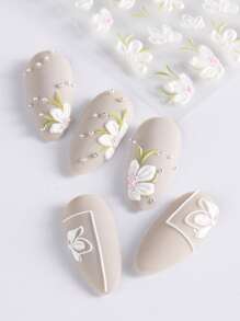 FULL BEAUTY 2 件山茶花美甲贴纸 5D 贴花，春季白色花卉盛开魅力美甲设计夏季装饰美甲贴纸