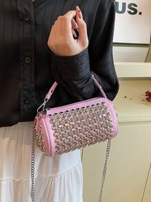 Túi hình trụ cổ điển được thiết kế riêng, tinh tế và thời trang, túi xách đính đá lấp lánh phù hợp mọi dịp, dây đeo thời trang, túi đeo chéo màu trơn có đinh tán, thích hợp cho các bữa tiệc, dạ hội, chụp ảnh đường phố và lễ hội âm nhạc. - Hồng - Xem 4