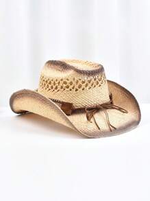 男士加厚草帽复古卷边西部牛仔帽夏季沙滩太阳帽