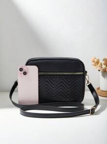 时尚简约菱格多口袋女士绗缝蝴蝶通勤外出旅行休闲小方包单肩斜挎包，女士钱包零钱包学院背包，商务休闲个性礼物 - 黑色 - 查看 3