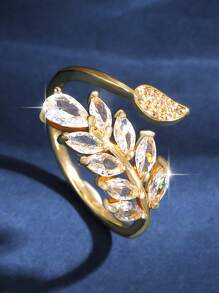 1 Pc Fashionable Leaf Shape CZ Openable Ring Rings For Women Girl Daily Commute Banquet Prom Party Jewelry Gift - Gold - View 5