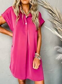 Vestito estivo da donna a maniche corte, con collo a bottoni, taglio morbido, fluido e casual, con tasche, adatto per spiaggia e uso quotidiano - Fucsia - Visualizzare 7