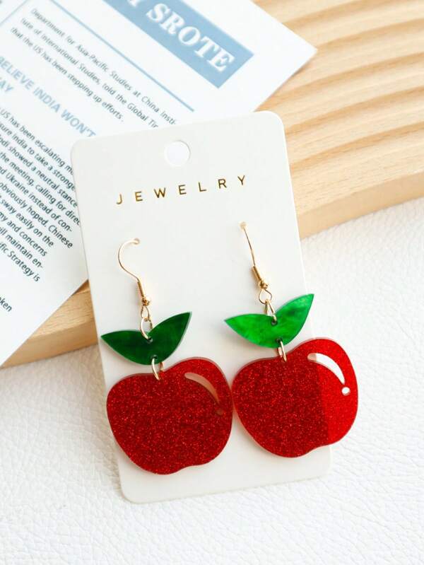 1 par de pendientes de manzana roja de acrílico con lentejuelas en forma de hoja ondulada, lindos e interesantes, adecuados para niñas, excelentes para volver a la escuela, festivales y regalos