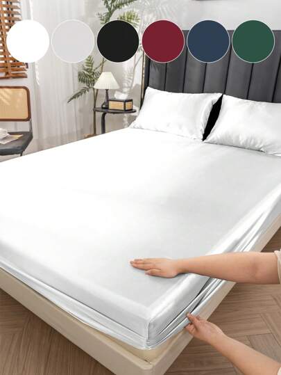 1pc Satin Fitted Sheet, Bedding, Mattress Cover, Solid Color Bed Coverlet, Fashionable Silk-Like Flat Weave Bed Cover Dust Ruffle, Suitable For Bedroom Home Textile, High-Quality Deep Pocket Silk, Smooth And Silky, Perfectly Fits Twin, Full, Queen, King Size Beds, Suitable For Bedroom, Hotel, Machine Washable