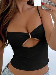 女士纯色镂空褶皱修身性感吊带背心，音乐节 Y2K 风格