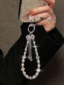 1pc Rhinestone Rhinestone Butterfly Decor Mobile Phone Chain, High Quality Crystal Bead Mix Style Car Key Chain With Transparent Pad Gifts For Mother, Family, Friends, Birthday, Holiday Phone Charm