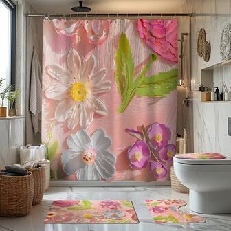 1/4 قطع مجموعة حمام بلوحة زيتية مزهرة، تشمل ستارة الحمام، بساط الحمام، بساط المرحاض على شكل حرف U، غطاء مقعد المرحاض، ستارة حمام مقاومة للماء، ديكور حمام عصري أنيق، بدون حاجة لثقب، من البوليستر، قابلة للغسل في الغسالة، ديكور عيد الميلاد