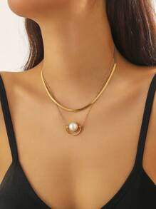 1pc Fashion Retro Layered Pendant Necklace With Butterfly, Heart, Pearl, Eye Charm Elements, Stainless Steel Gold Plated - Multi-layer - View 5