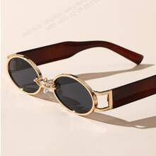 1pc Plastic Frame Classic Oval Golden Rim Decorative Fashion Glasses - Grey - View 3