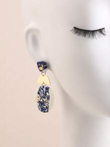 1 Pair Handmade Polymer Clay Modern Tri-Layer Gold Foil Colorblock Long Dangle Earrings For Women, Suitable For Vacation, Party And Daily Wear - Blue and White - View 5