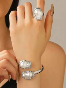 1/6件套欧美风不对称仿珍珠手链、戒指、项链、耳环首饰套装，浪漫优雅女士首饰礼品，适合日常、派对、婚礼等场合。 - 銀色 - 查看 7