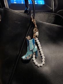 1pc Pearl Chain & Rhinestone Decor High Heel Car Keychain