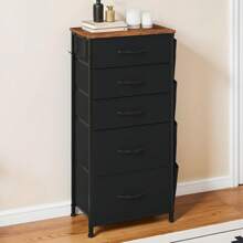Chest Of Drawers, Dresser With Side Pockets & Hooks, Fabric 5 Drawers With Handles, Metal Frame, Wood Top, For Bedroom,Living Room,Nursery Room,Hallway - Black - View 1