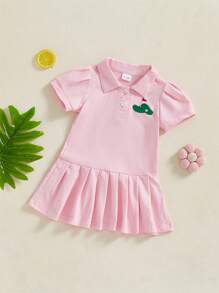Vestido tipo polo para niñas pequeñas con bordado de cerezas, manga corta, plisado, vestido de tenis, vestido de verano de corte A - Rosa - Ver 4