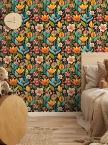 1 rouleau de papier peint rétro épais à motif de fleurs peintes de style dessin animé, simple et adapté à la décoration de la maison, des armoires de cuisine, des tables et des chaises, des fonds de pièce, de la rénovation de la maison, du DIY, résistant à l'eau et aux taches, facile à nettoyer, autocollant, à décoller et à coller, stickers muraux, décoration murale pour la chambre, la salle de bain, la chambre, la pièce, le salon, la maison