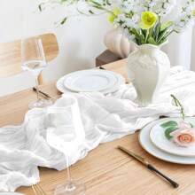 1pc White Chiffon Table Cloth, Bohemian Sheer Fabric Table Cloth, Thin Transparent Table Runner, Suitable For Baby Shower, Wedding, Bride, Birthday Party, Dinner Table Decor