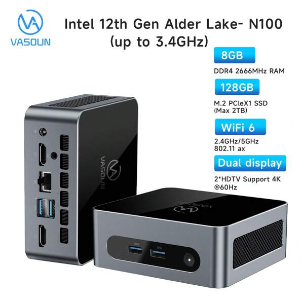 VASOUN M2 Mini PC, Intel N100 12. Generation 3,4GHz, 128GB SSD 8GB RAM DDR4, Windows 11 Pro Mini Computer, Dual WLAN/BT/Dual HDTV/Gigabit Ethernet/VESA/4K UHD/USB 3.0/unterstützt bis zu 2TB SSD, Büro-Desktop-Computer für und Zuhause