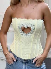 Summer Corset Bandeau Tube Top For Women  Tummy  Strapless Body Shaper, Sparkling Push Up Party  For  Graduation For Birthday Going Out Outfits - Màu vàng - Xem 3