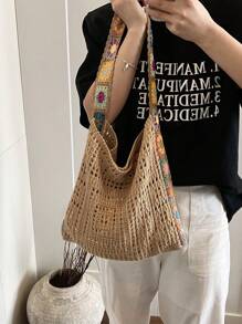 撞色休闲花朵图案斜挎包，复古镂空钩针手提包