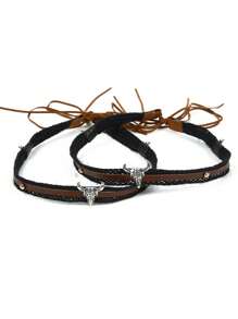 1 件波西米亚风格复古绳编织牛头项链、配套腰带和发带套装 - 棕色 - 查看 3
