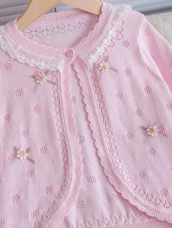 女宝宝休闲针织开衫，短款花朵装饰镂空薄外套