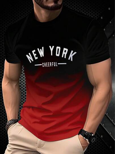 渐变黑红“New York Cheerful”字母印花短袖T恤，时尚百搭，引人注目