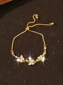 1pc Elegant Fashion Butterfly Zirconia Inlaid Adjustable Pull String Bracelet, Minimalist Luxury Feel