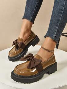 女士可爱蝴蝶结装饰厚底乐福鞋，休闲度假风格，适合所有季节，棕色厚底平底鞋 - 棕色 - 查看 6