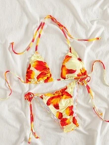 2025 Kobiety Kwiatowy Wzór Halter Ruffle Bikini Set, Tkanina Poliestrowa, Seksowny Dwuczęściowy Strój Kąpielowy Na Plażę, Resort, Przyjęcie Przy Basenie
