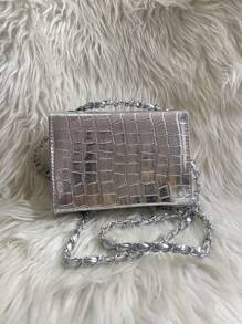 Women's Crocodile Shoulder Bag With Crossbody Strap And Swivel Closure - Silver - View 4