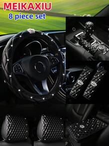 MEIKAXIU 8 件/套 PU 皮革人造羊皮纹理刺绣皇冠闪亮钻石汽车方向盘套、肩垫、扶手套、手刹套、换档旋钮套、头枕垫、汽车内饰配件，适用于女士 - 8pcs - 查看 7