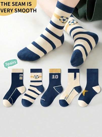 5 Pairs Kids' Football Pattern Socks, Soft Breathable Moisture-Wicking Comfortable Student Socks, Suitable For Spring, Summer, Autumn Sports & Casual Wear
