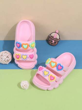 1 Pair Anti-Slip Kids Sandals, Colorful Heart Design Toddlers Girls Beach Slippers, Summer Children Hollow Hole Shoes