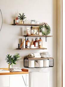 Floating Wall Shelf 4 Tier Shelf For Bathroom Kitchen Bedroom Light Color - 咖啡棕 - 查看 7