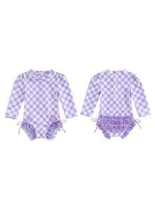 Girls Bikini Beach Swimwear Long Sleeve Checkerboard Print Ruffle Romper Bathing Suit - Morado - Ver 3